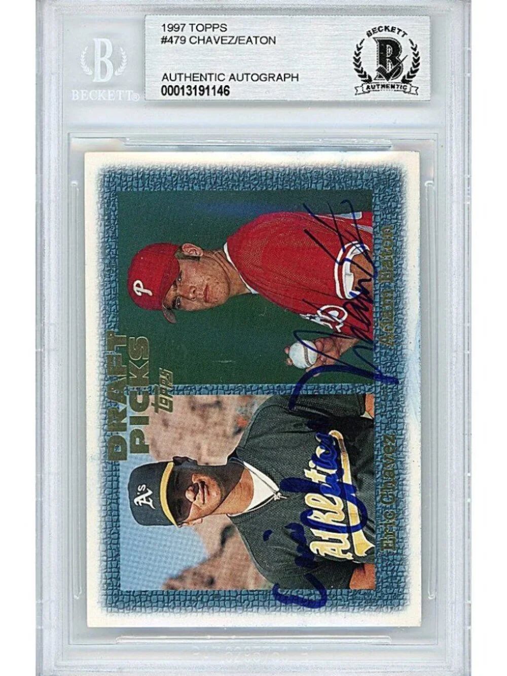 Eric Chavez Adam Eaton Duo Signed 1997 Topps Baseball Card A's Beckett Autograph